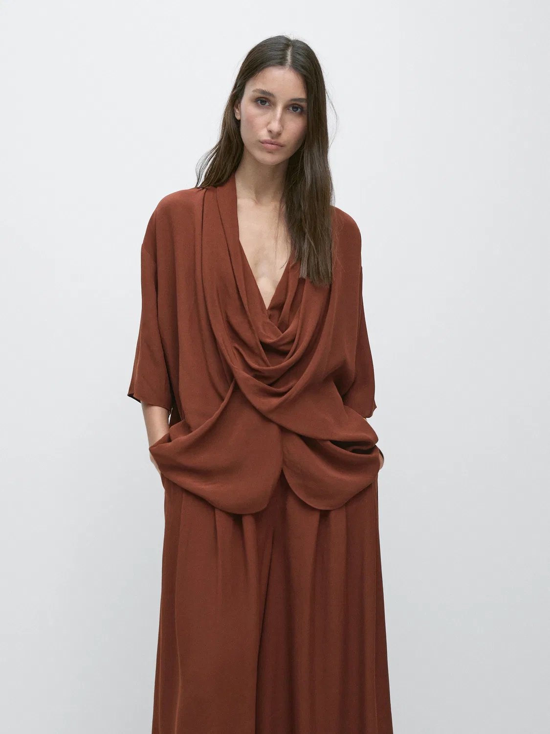 Рубашка Massimo Dutti, струящаяся, с драпировкой, оранжевый — фото 2