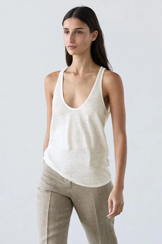 Женский топ на бретелях льняной Massimo Dutti, Broken White — фото 2