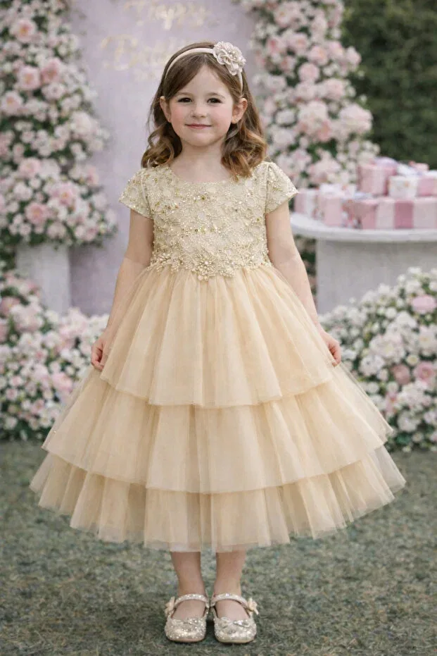 Детское платье из фатина с вышивкой Süslü Pink Kids, Beige