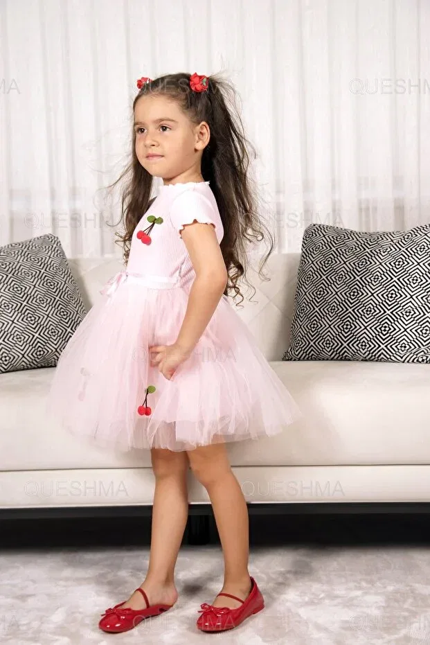 Детское платье для девочек из тюля с принтом Mobile Cherry Queshma, Short-Pink
