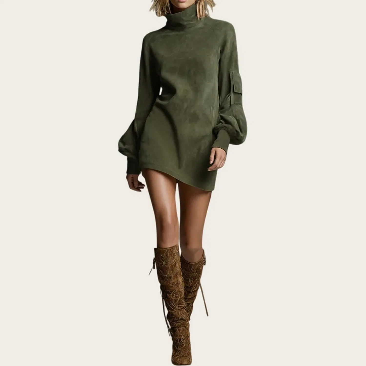 Женское мини-платье с высоким воротником из искусственной замши Vintage, Army Green — фото 2