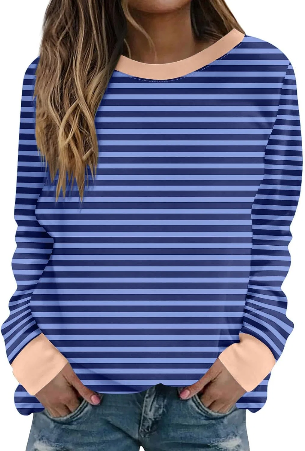 Женский свитшот с длинным рукавом, полосатый, свободного кроя, синий