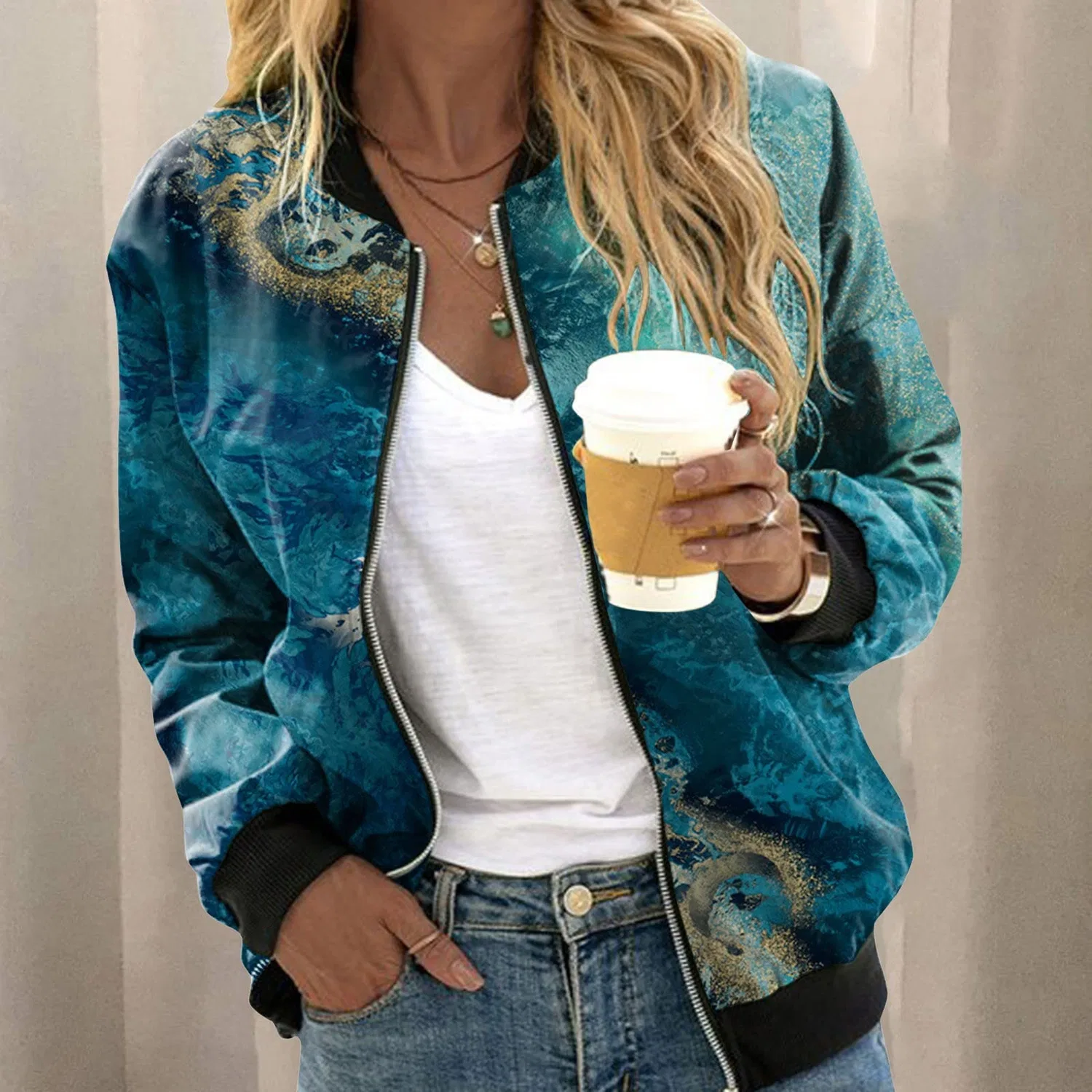 Женская куртка с принтом Giacca Casual Leggera con Cerniera Cappotto con Stampa Floreale Colletto alla Coreana Capispalla Sportivo Corto Top con Cerniera Cappotto Lana Cotta6, Blu — фото 3