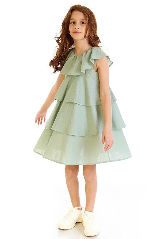 Детское платье для девочек с воланами Tulip flounced linen girl's dress Colorinas, Oil Green