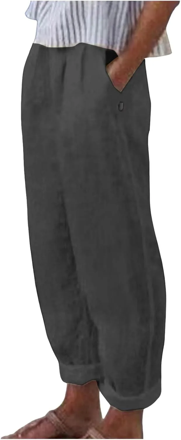 

Женские летние брюки YRAETENM из хлопка и льна, высокие, широкие, с карманами