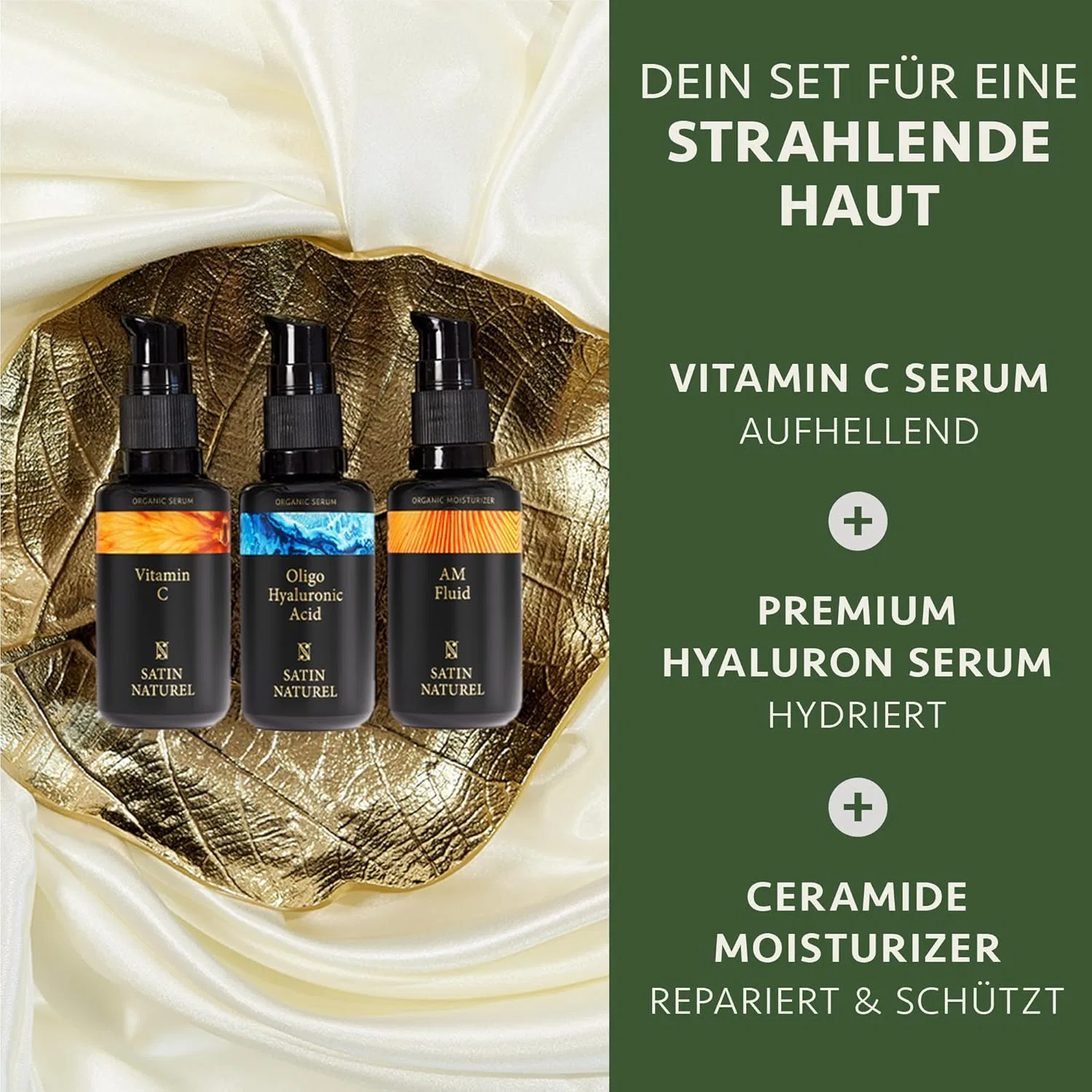 Подарочный набор Satin Naturel для женщин: 3 х 30 мл сывороток на органическом алоэ вера Satin Naturel, 3 X 30 Ml Wellness Set With Vitamin C Serum, Hyaluronic Serum And Beauty Fluid With Ceramides On Organic Aloe Vera — фото 3