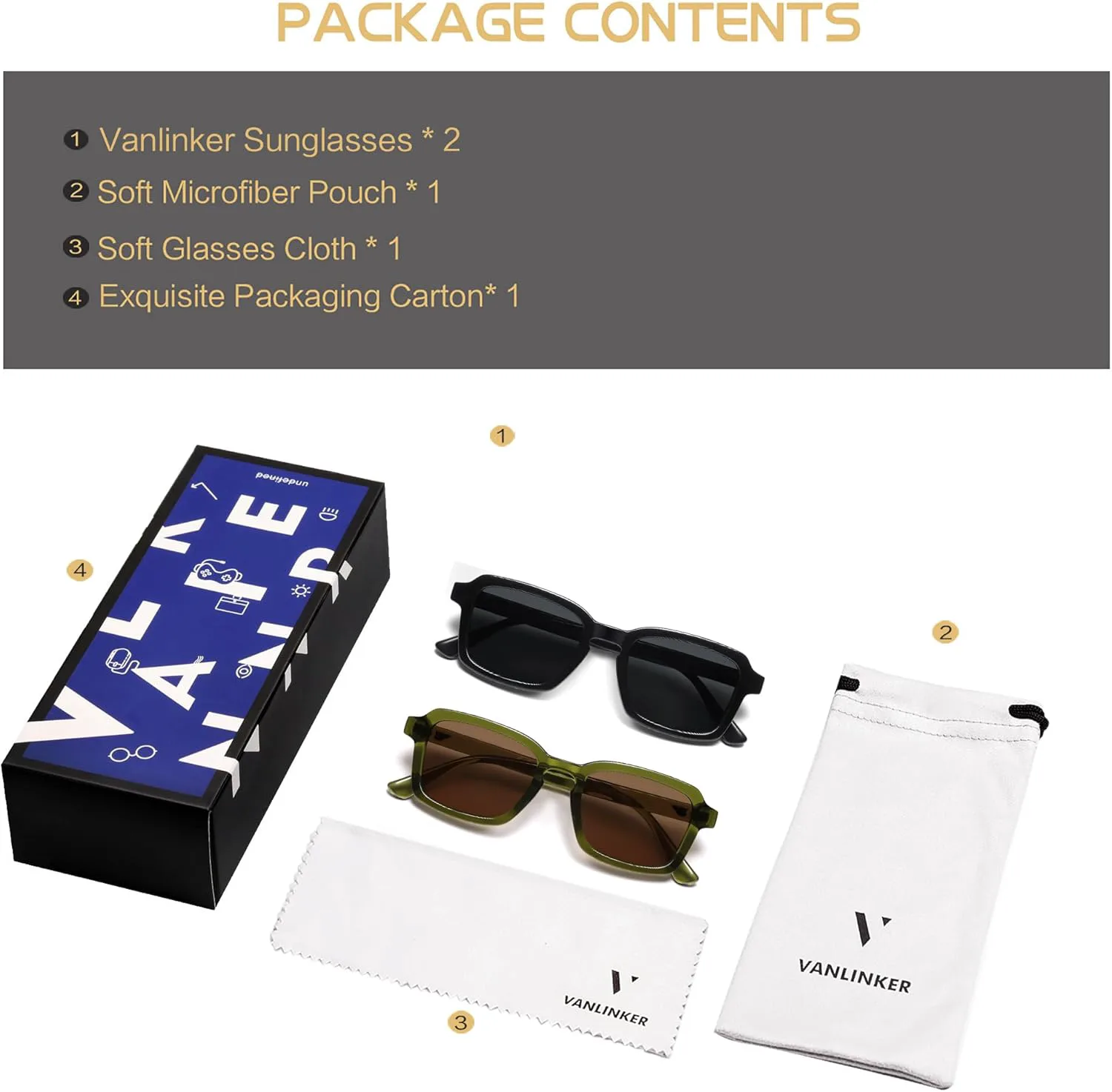 

Поляризованные солнцезащитные очки VANLINKER в модном квадратном стиле для женщин и мужчин, ретро-шик, милый дизайн, модель VL9849, 2 Pack Black Frame + Green Frame