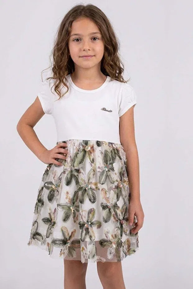 Детское платье для девочек с принтом 3D Daisy Flower Applique and Sequin Detail Breeze, Ecru