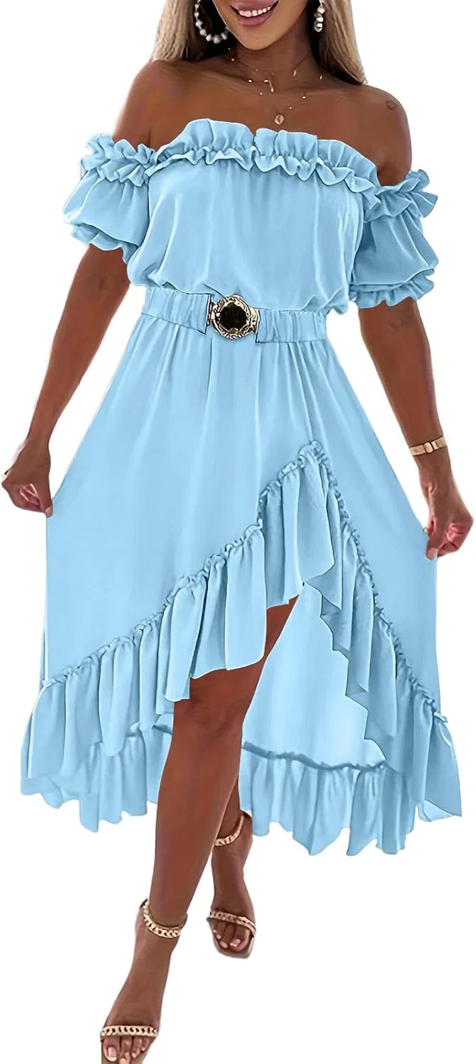 Женское летнее платье с открытыми плечами и оборками, Black/Blue