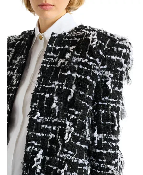 Женская куртка с бахромой Cropped jacket in fringed tweed Balmain, черный — фото 4