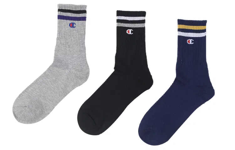 Детские носки-гольфы с принтом, комплект из 3 пар, Champion, Gray/Black/Dark Blue
