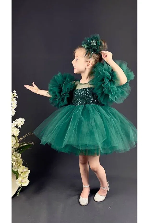 Детское платье для девочек с пайетками Buse&Eylül Bebe, Green — фото 3