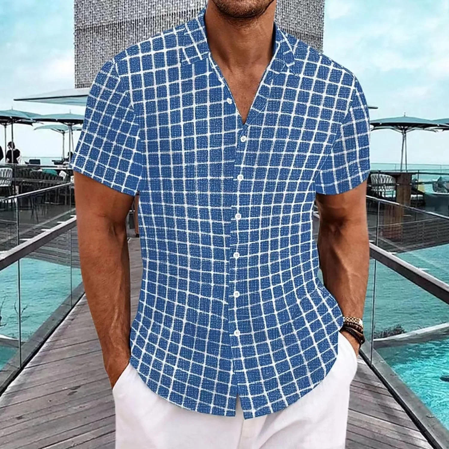 Мужская рубашка с коротким рукавом в клетку Slim Fit, Azure — фото 2