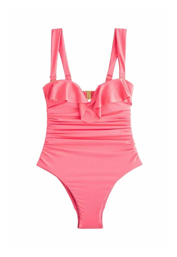 Купальник с эффектом утяжки, Tall fit - frill bandeau tummy control, Next, Coral Pink, розовый