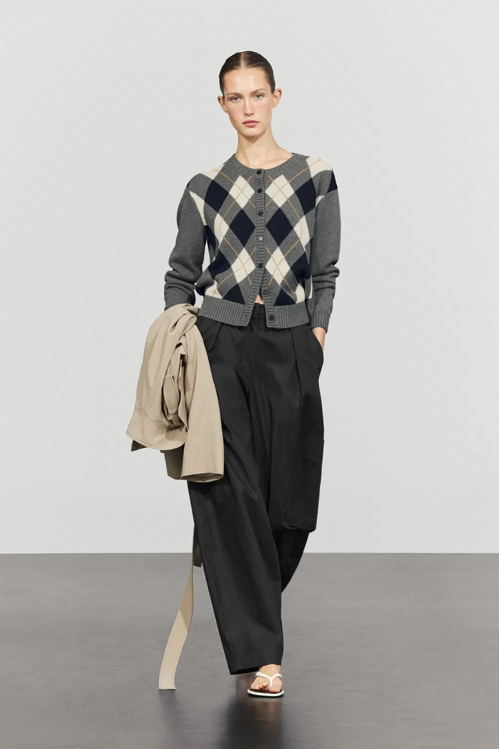 Кардиган Massimo Dutti 100% Cotton Diamond Knit, серый — фото 3