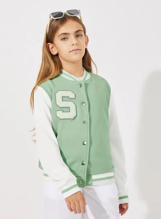 Куртка-бомбер с контрастными рукавами и патчем-буквой Letter Patch Varsity Styli, зеленый — фото 3