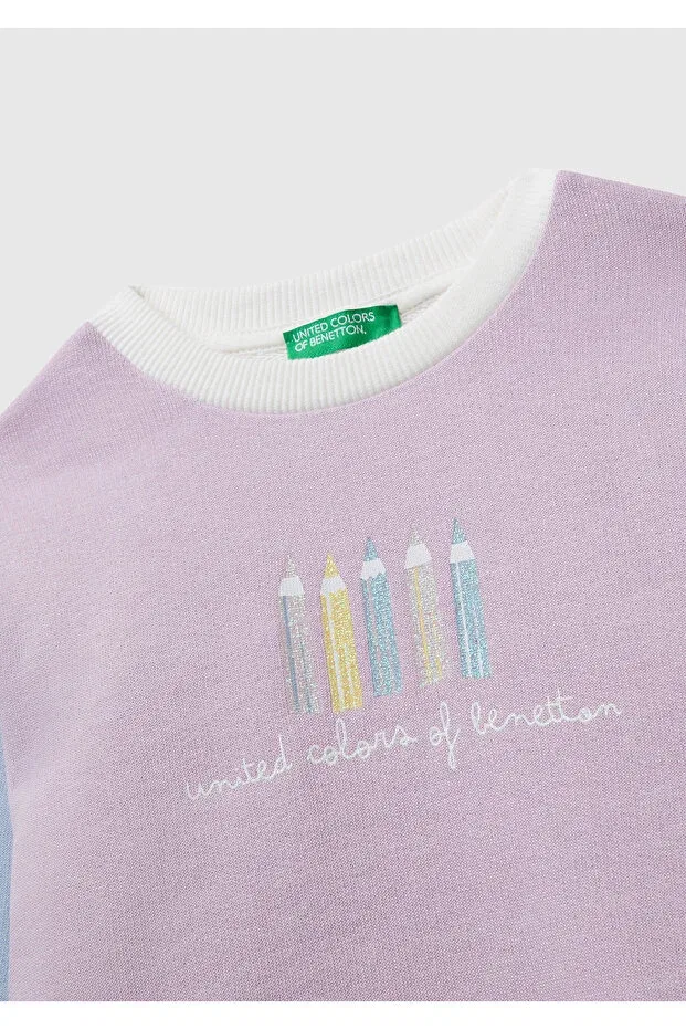 Детские свитшот для девочек с принтом United Colors Of Benetton, Lilac-Cream — фото 3