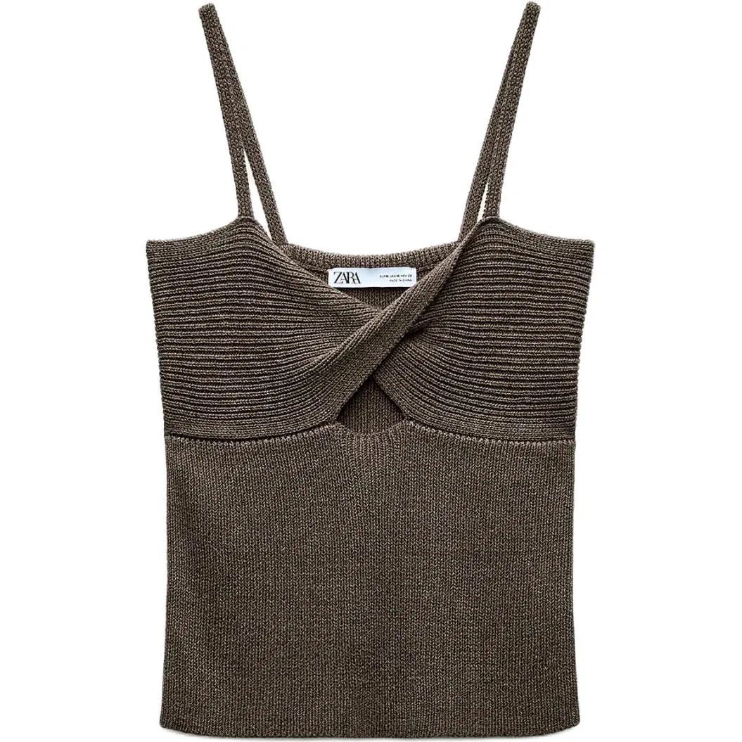 Женская майка на бретелях с V-образным вырезом Dark Khaki ZARA