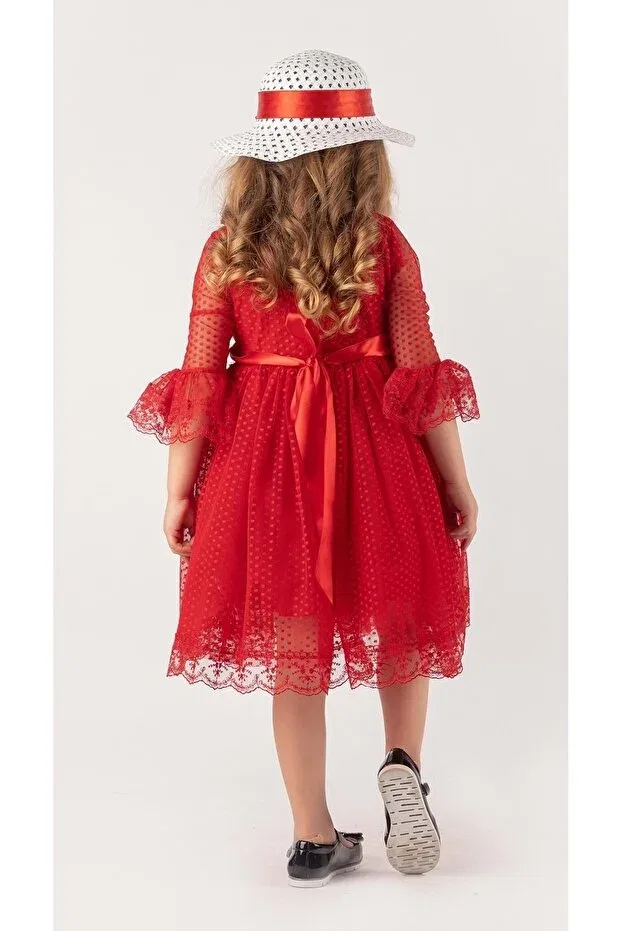 Детское платье для девочек с принтом Double Hat Bow Polka Dot Period Dress Mnk, Red — фото 3