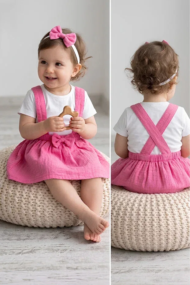 Детский комплект платьев-салопетов из муслина с банданой Furyatex, Pink
