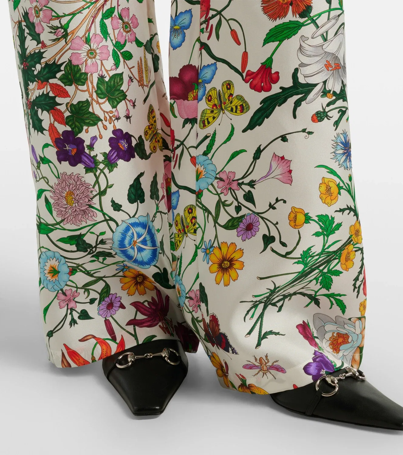 Широкие брюки-палаццо из шелкового твила с принтом Gucci Flora, белый — фото 4