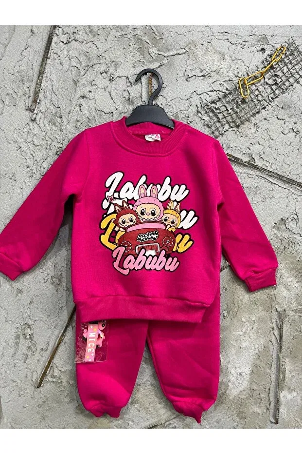 Детский комплект пижамы-спортивного костюма с длинным рукавом 3-Thread unisex children's tracksuit pajama set with toy gift Beybisi, Pink