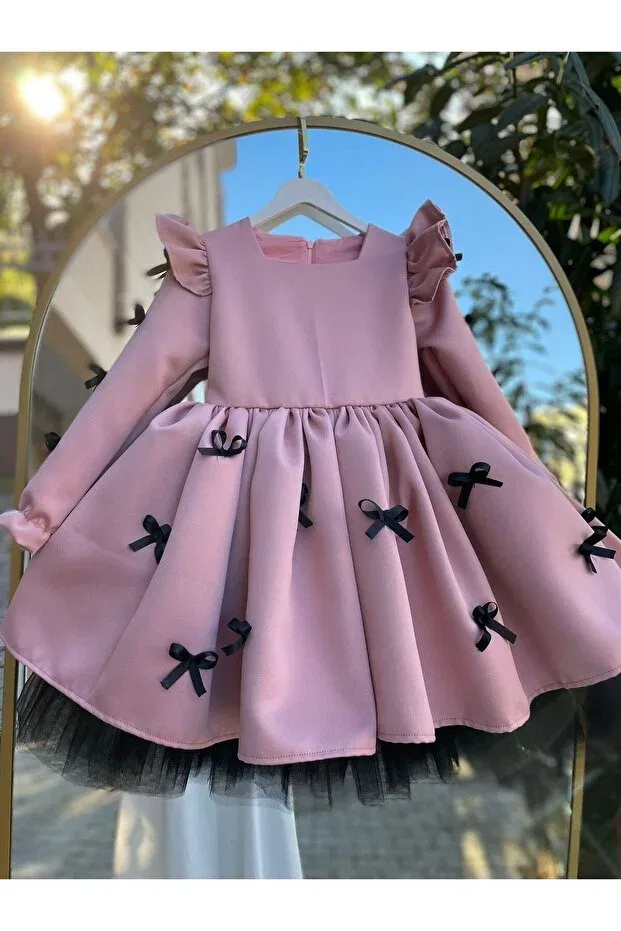 Детское платье для девочек с длинным рукавом Black bow girl's powder pink winter evening dress + buckle Sare Çocuk Giyim, Pink