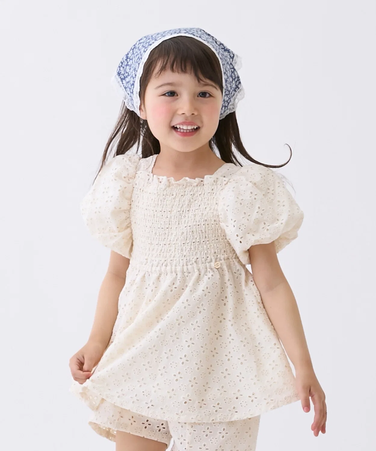 Детская туника с кружевными пышными рукавами, модель Lace Puff Tunic, petit main, Sax Blue — фото 2