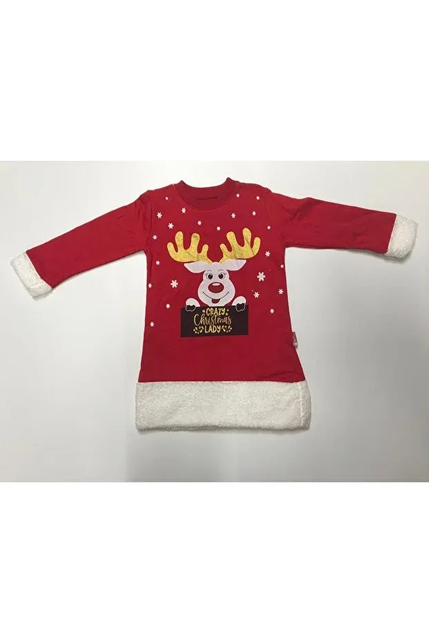 Детское платье для девочек с принтом Winter 2-thread fleece-lined and plush detailed crew neck christmas patterned baby girl children's dress Baby Slon Kids Clup, Red-Deer