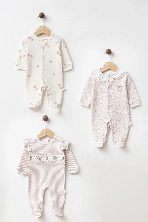 Детский комбинезон-боди с принтом Strawberry Embroidered 3-Piece Footed Romper Newborn Hospital Take-Home Set Yukobaby Bebeğiniz Için En Doğalı, Multicolor