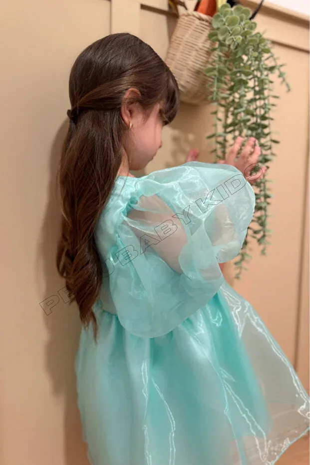 Детское платье для девочек с коротким рукавом Green Shiny Janjan Balloon Sleeve Girl's Dress Penu Baby Kids, Green — фото 4
