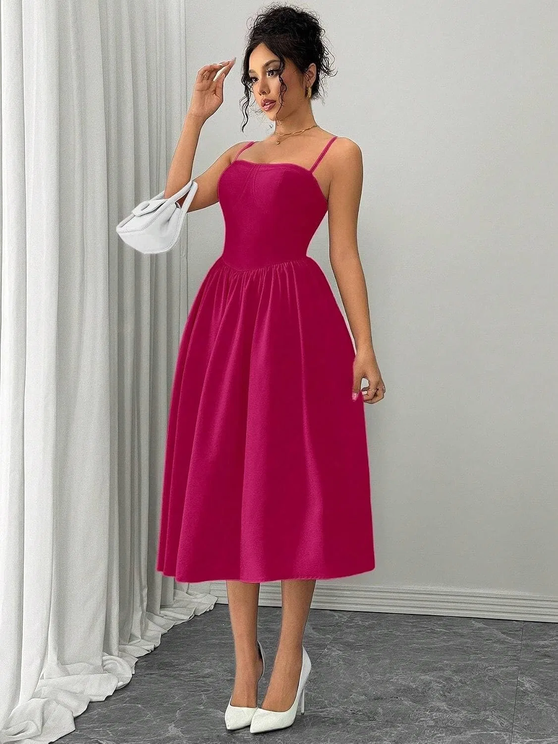 Женское элегантное платье миди с открытой спиной, Hot Pink — фото 4