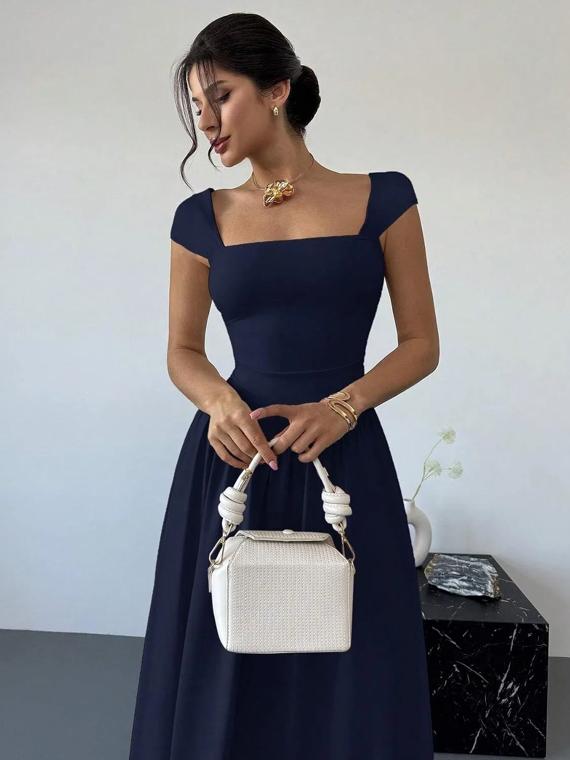 Женское миди-платье с квадратным вырезом, Navy Blue — фото 3