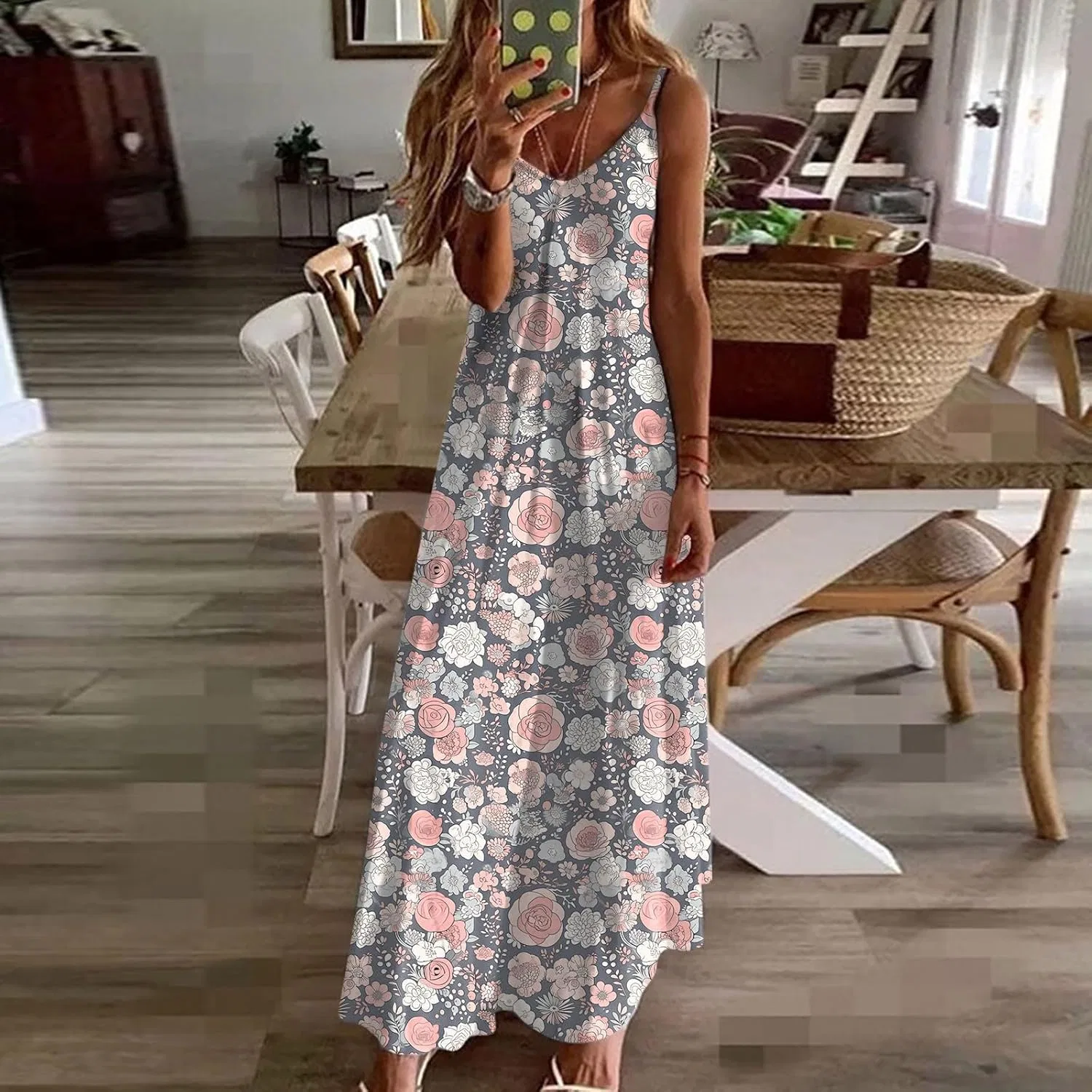 Женское летнее платье макси с V-образным вырезом Vintage Printed, Multicolor — фото 2