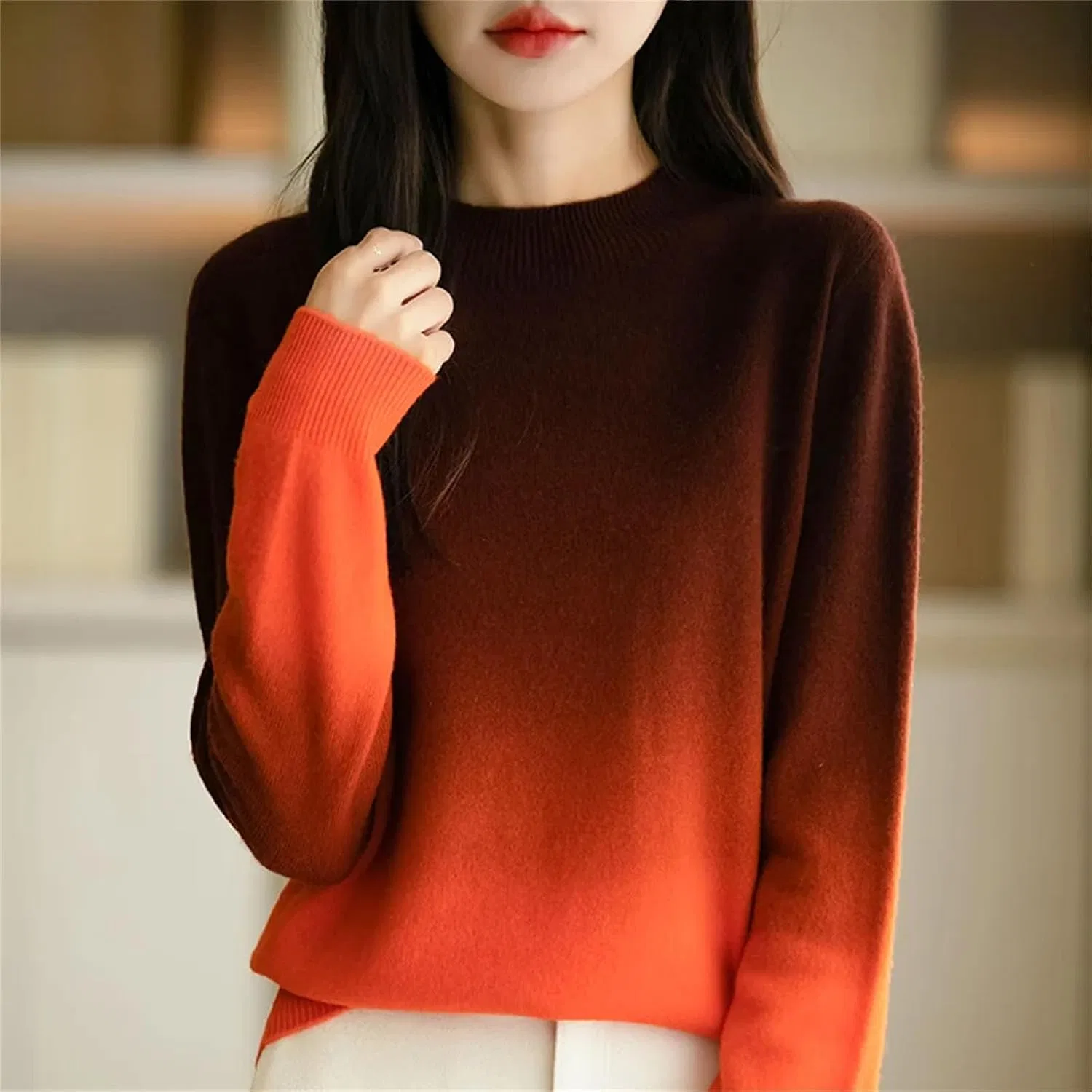 Женский свитер с градиентом, модель Gradient Mock Collar, кэмел — фото 3