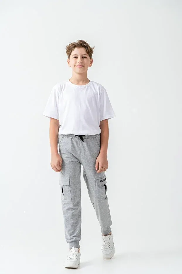 Детские спортивные штаны для мальчиков с принтом Cargo Pocket Cover Level Up Mışıl Kids, Gray Melange