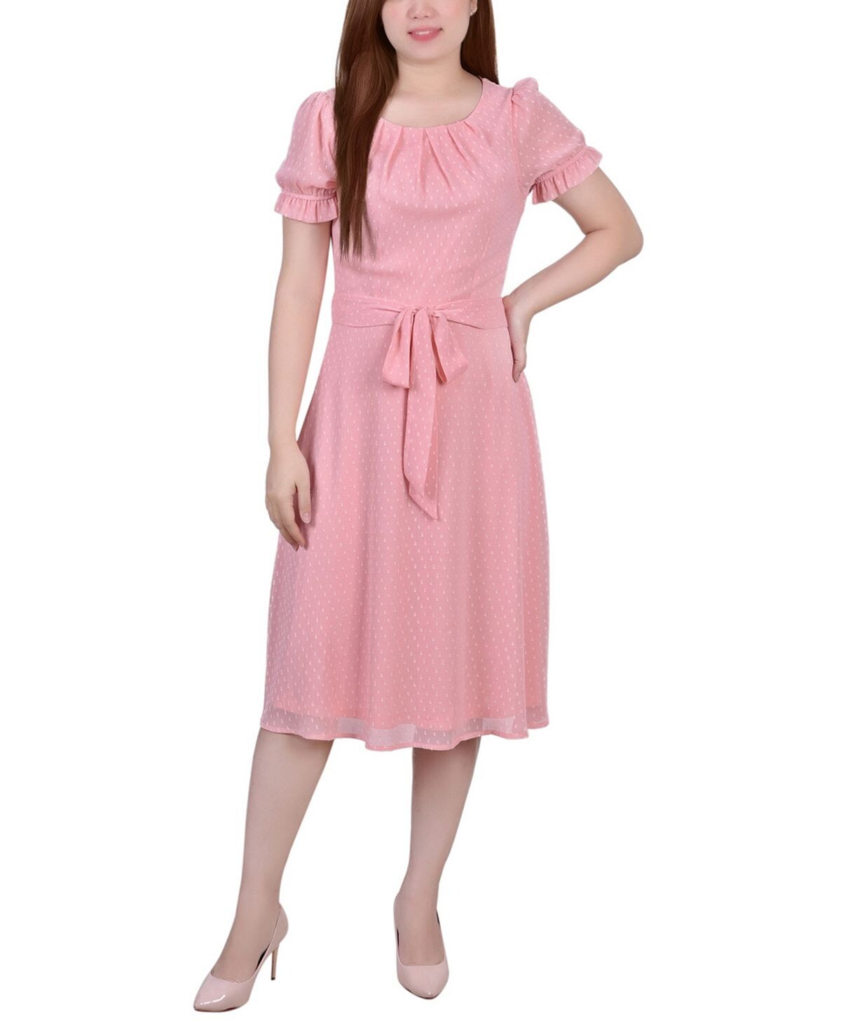 

Женское платье в горошек с поясом и короткими рукавами NY Collection, мульти