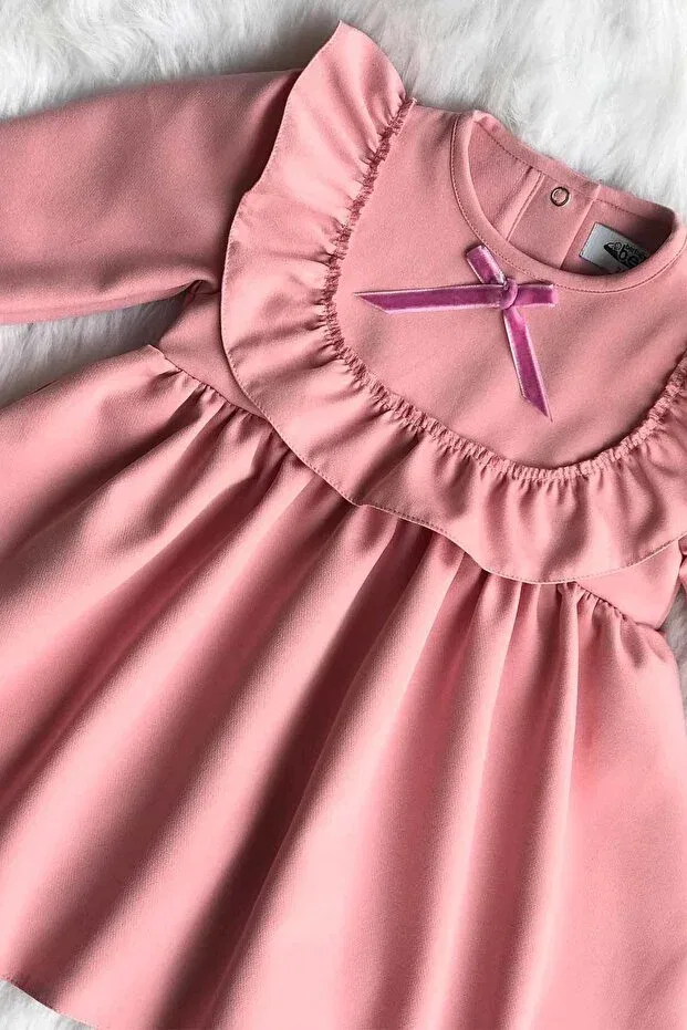 Детское платье для девочек с длинным рукавом Ruffle and ribbon detailed design Bertuğ Bebek, Pudded Pink — фото 3