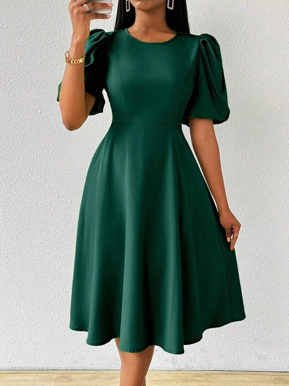 Женское повседневное платье миди с завышенной талией, Dark Green — фото 4