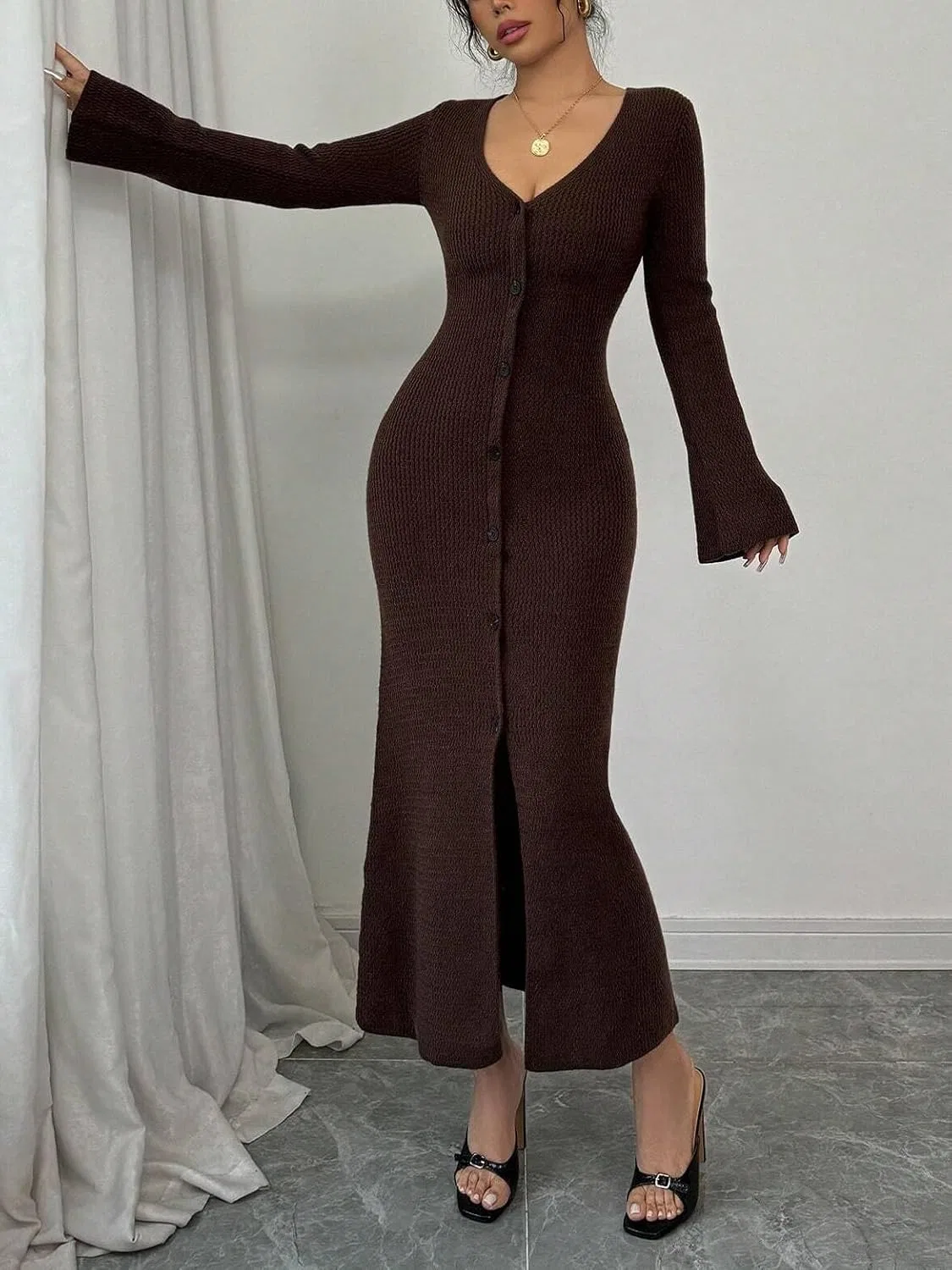 Женское повседневное платье с V-образным вырезом, Rib-Knit, Brown — фото 3