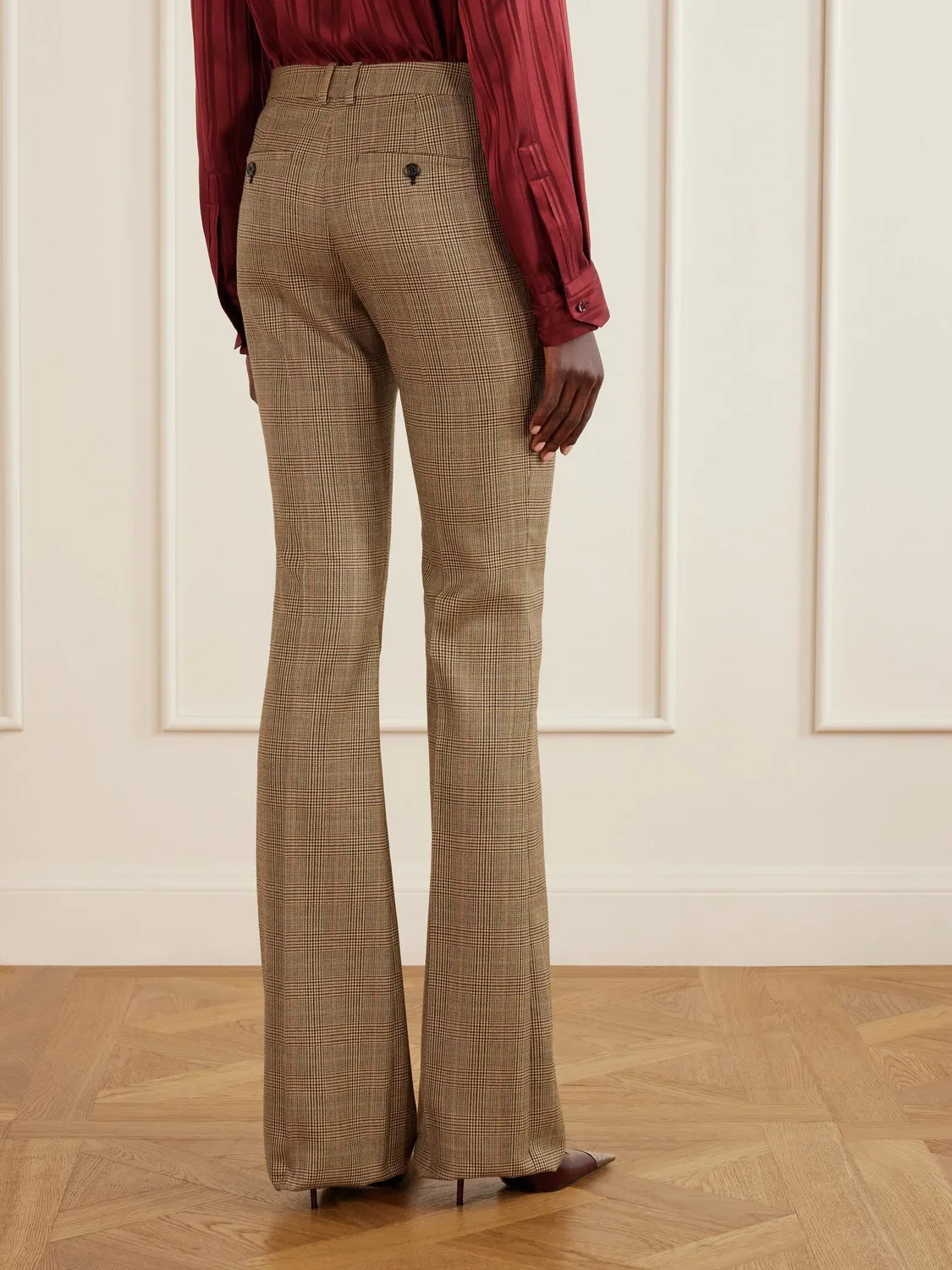 Расклешенные брюки Prince of Wales из чистой шерсти SAINT LAURENT, коричневый — фото 4