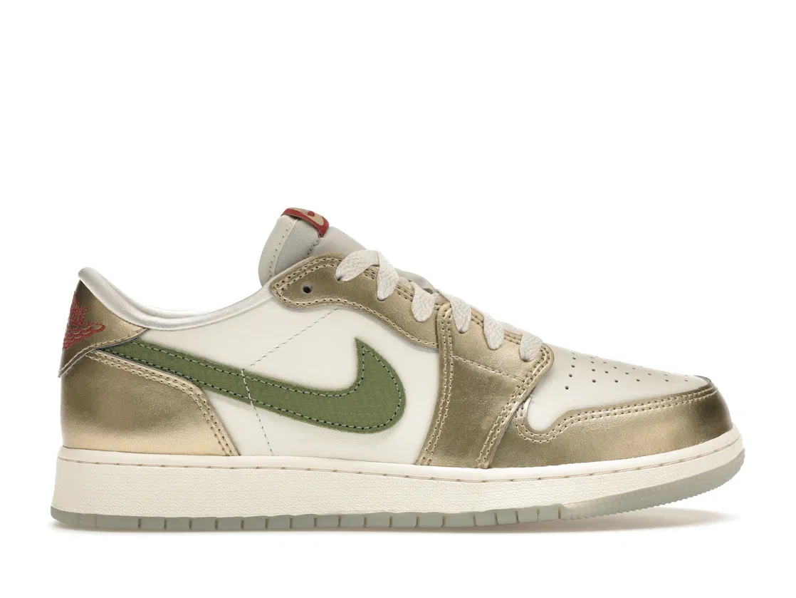 Детские кроссовки Lifestyle с принтом Jordan 1 Low OG Jordan, Sail/Oil Green/Metallic Gold Grain/Saturn Gold/Cedar