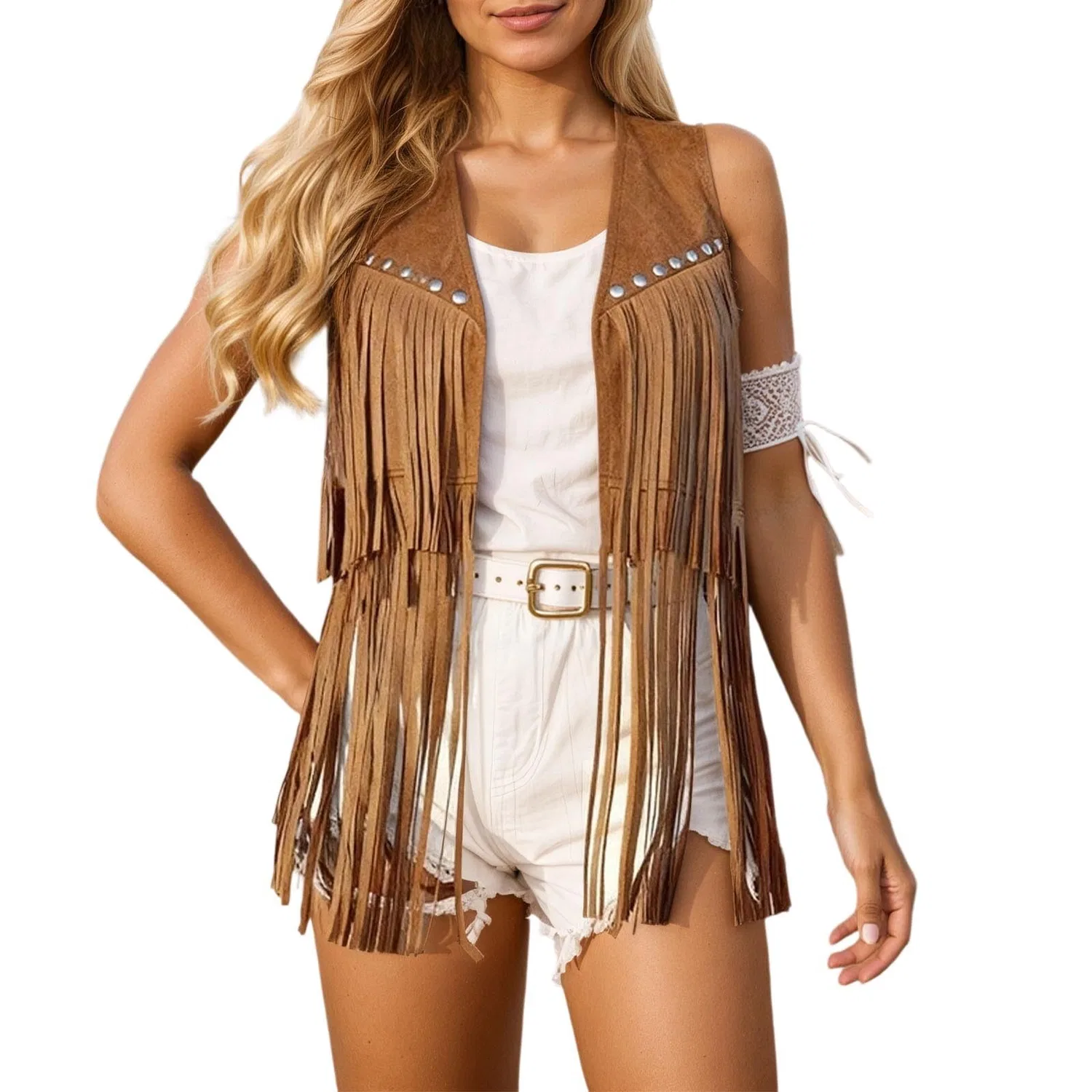 Женский жилет без рукавов с бахромой Costume Hippie Vintage, Cachi