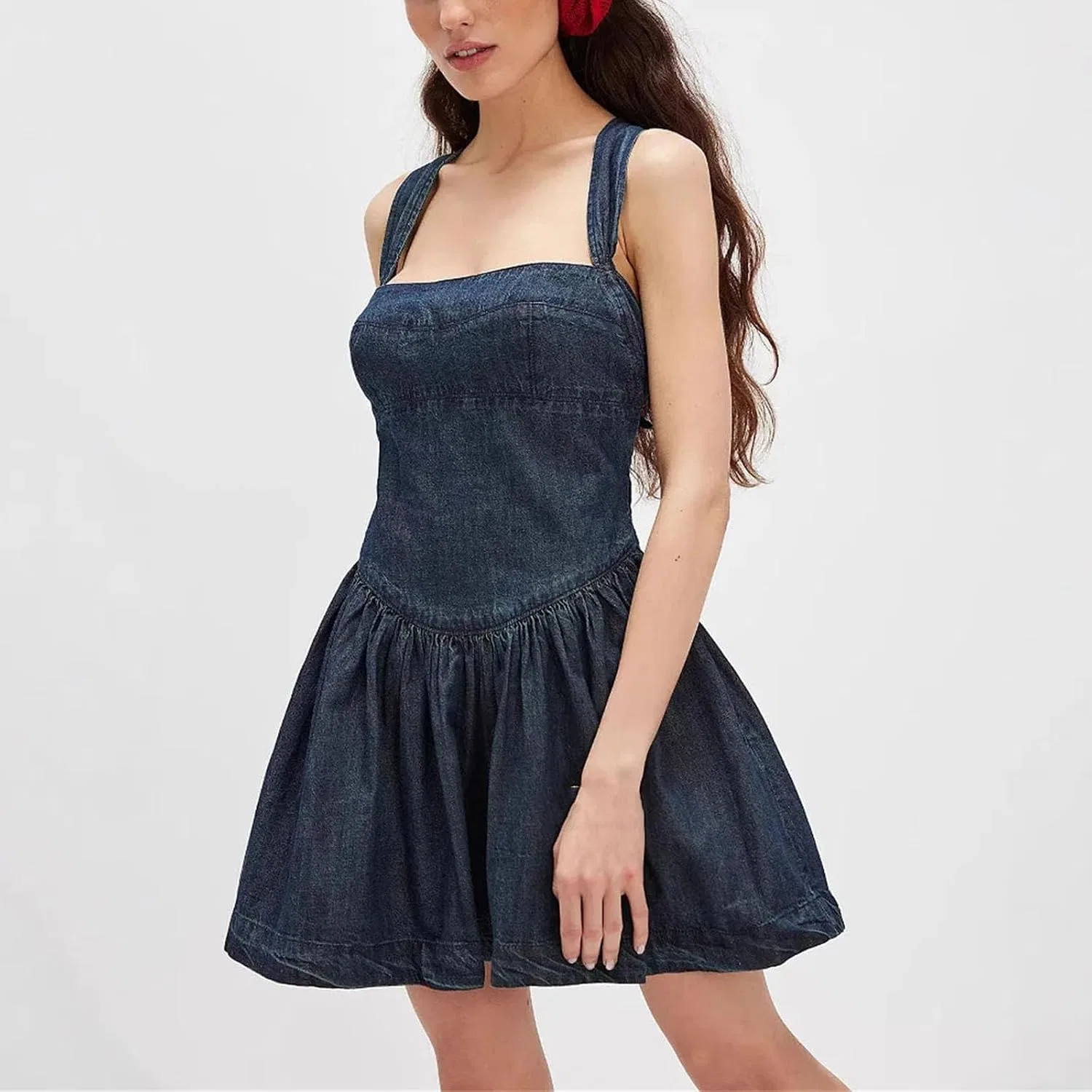Женское джинсовое платье на тонких бретелях с кружевной шнуровкой A-line, Light Blue — фото 4