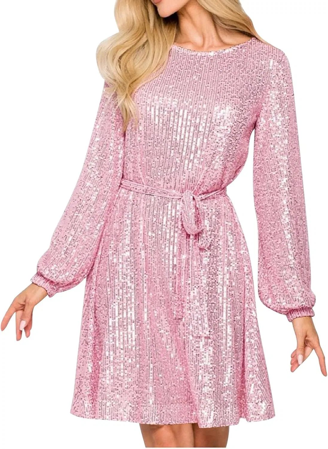 Женское платье с пайетками с длинным рукавом, Pink