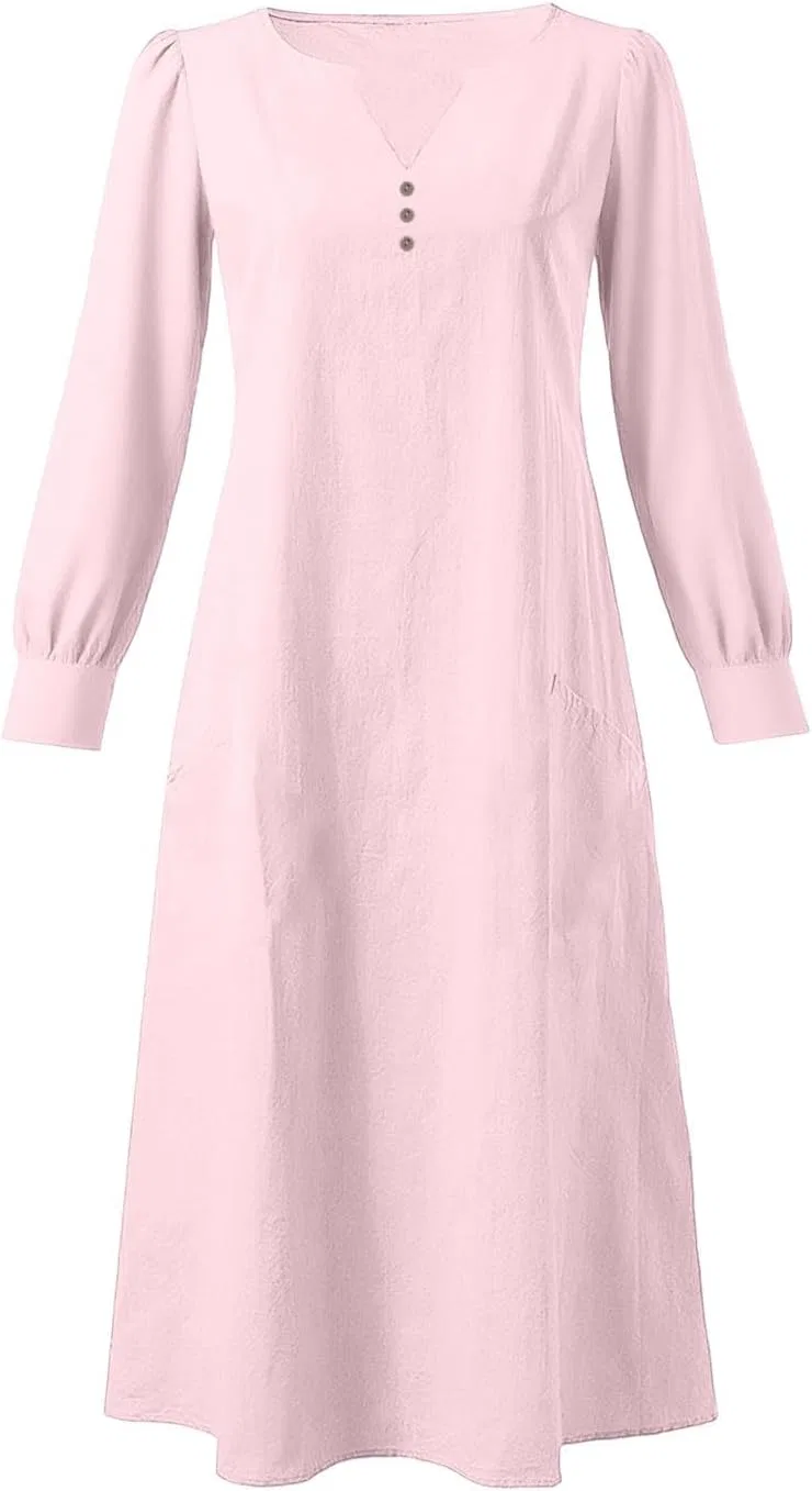 Женское свободное макси-платье с V-образным вырезом Cotton Linen, Pink — фото 3