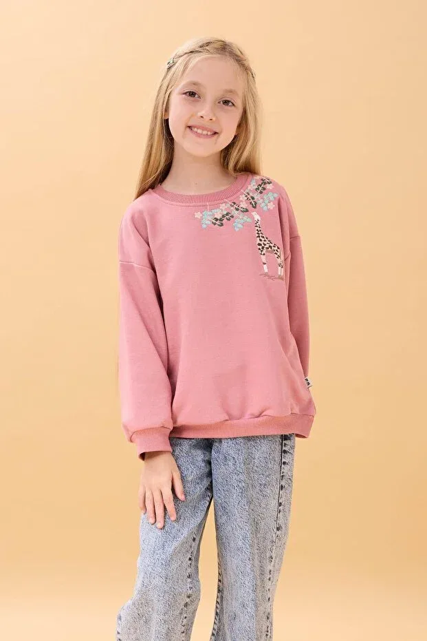Детские свитшот для девочек с вышивкой Giraffe Embroidered Seasonal Oversize Perendi, Dried Rose