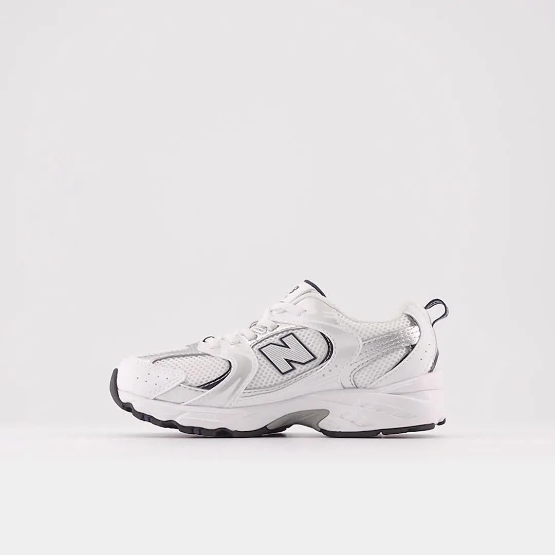 Детские кроссовки New Balance 530 Bungee с эластичными шнурками, White With Natural Indigo And Silver Metallic — фото 3