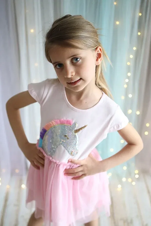 Детское платье для девочек с принтом Unicorn dress with tulle skirt Minik Dolap, Pink — фото 3