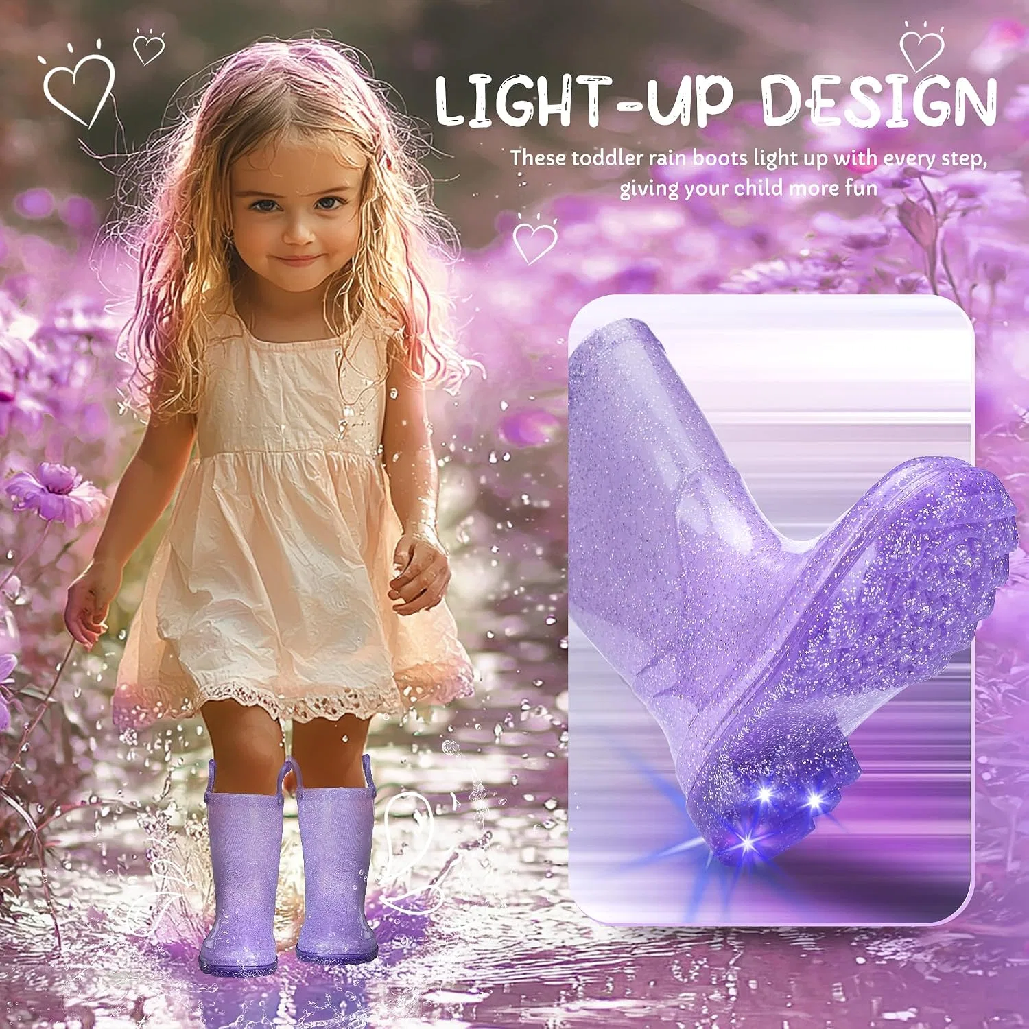 Детские сапоги дождевые с блёстками и подсветкой Funspread, Glitter Purple — фото 2